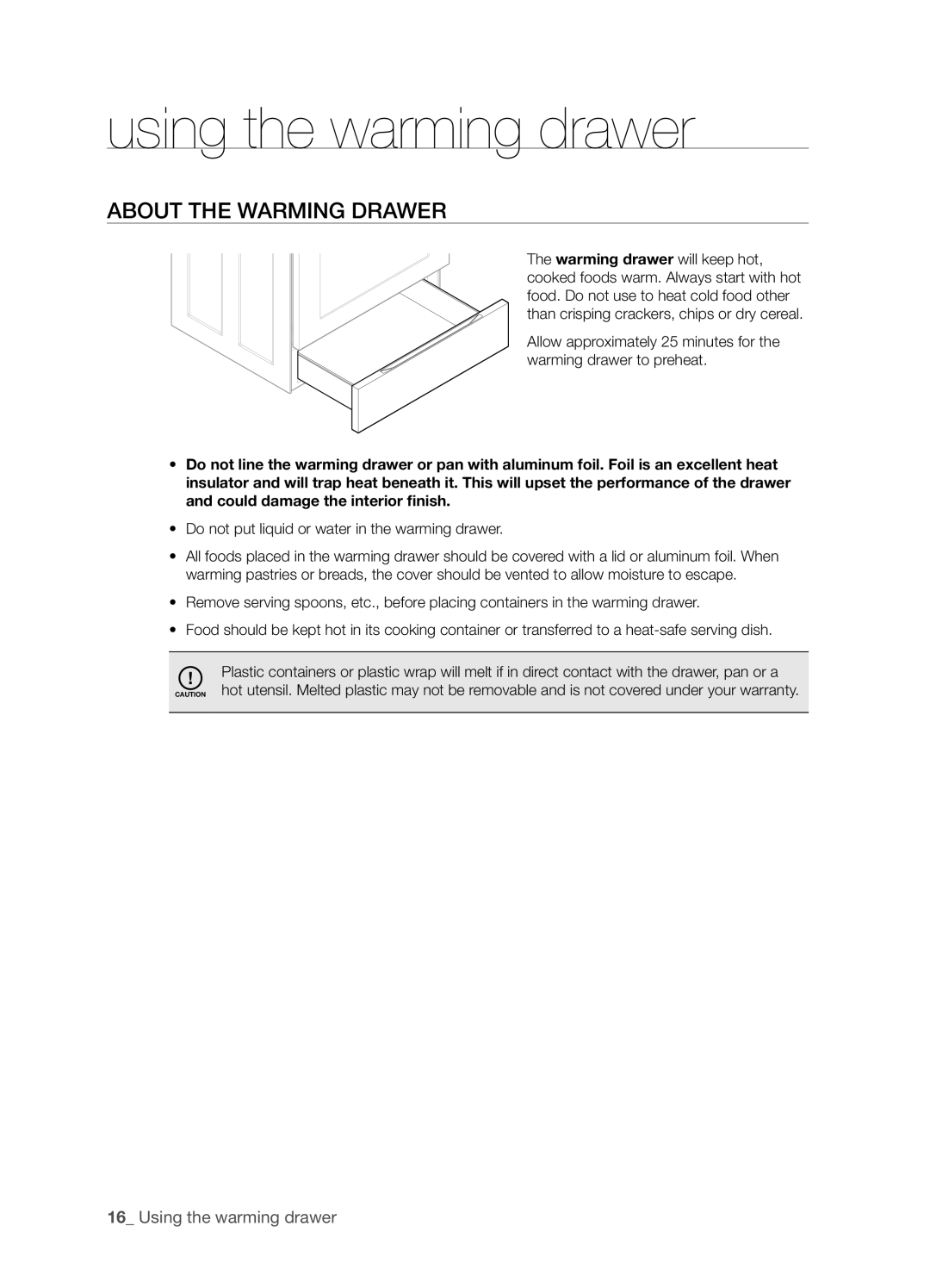 Samsung FTQ352IWUW, FTQ352IWUB, FTQ352IWUX user manual Using the warming drawer, About the warming drawer 