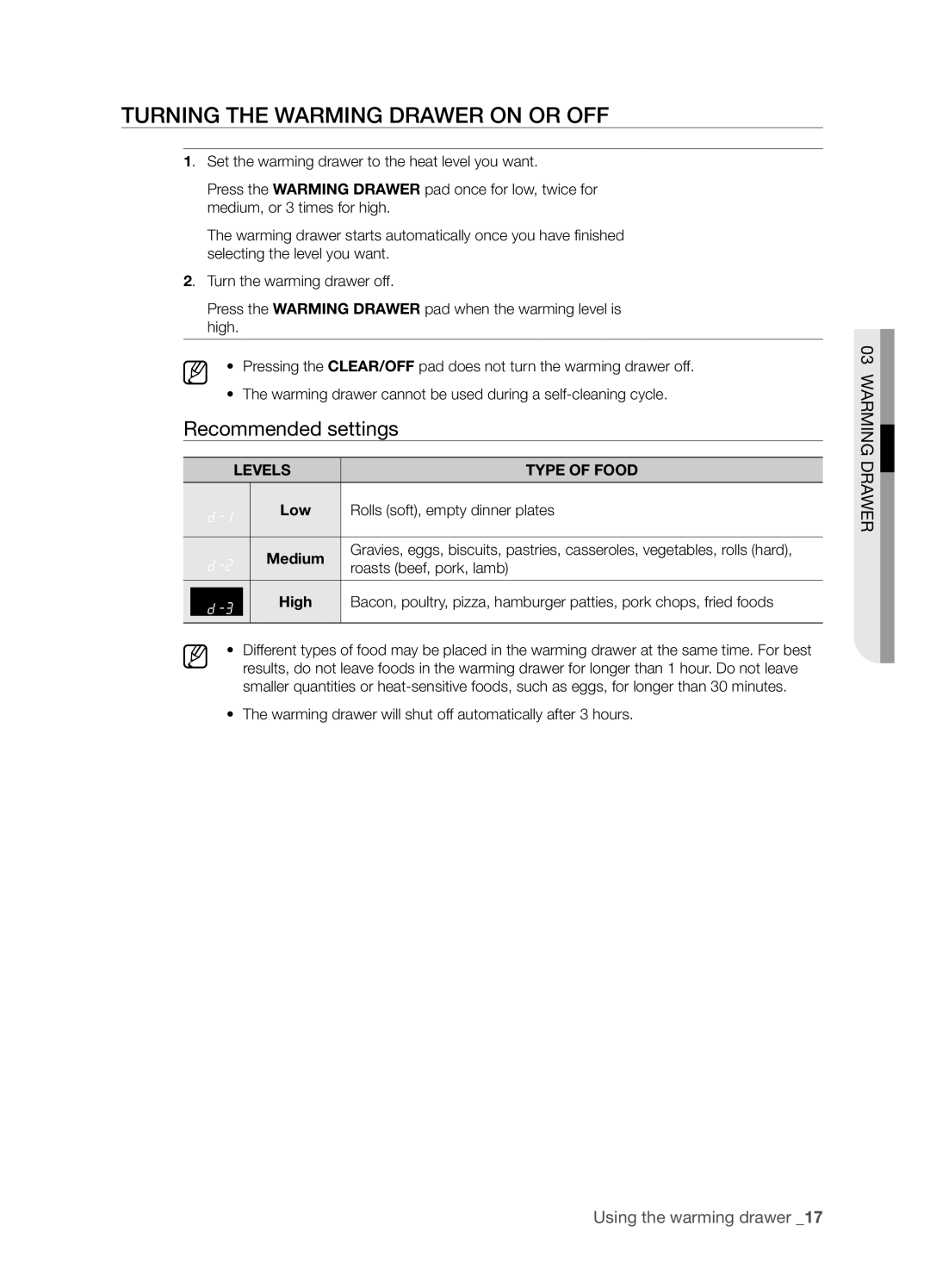 Samsung FTQ352IWUX, FTQ352IWUB Turning the Warming Drawer on or OFF, Levels, Low Rolls soft, empty dinner plates Medium 