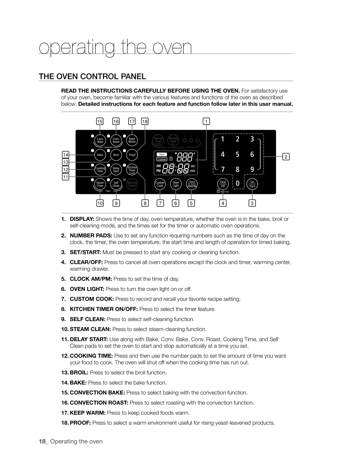 Samsung FTQ352IWUB, FTQ352IWUW, FTQ352IWUX user manual Operating the oven, Oven Control Panel 