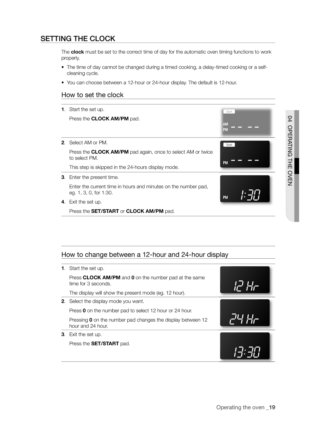 Samsung FTQ352IWUW user manual Setting the Clock, How to set the clock, How to change between a 12-hour and 24-hour display 