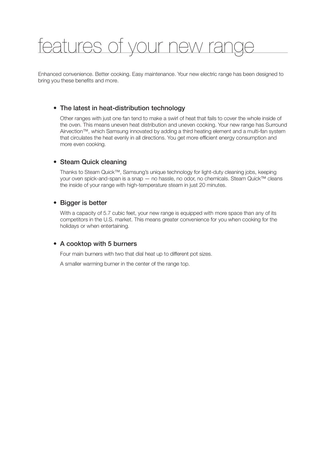 Samsung FTQ352IWUX, FTQ352IWUB, FTQ352IWUW user manual Features of your new range, Latest in heat-distribution technology 