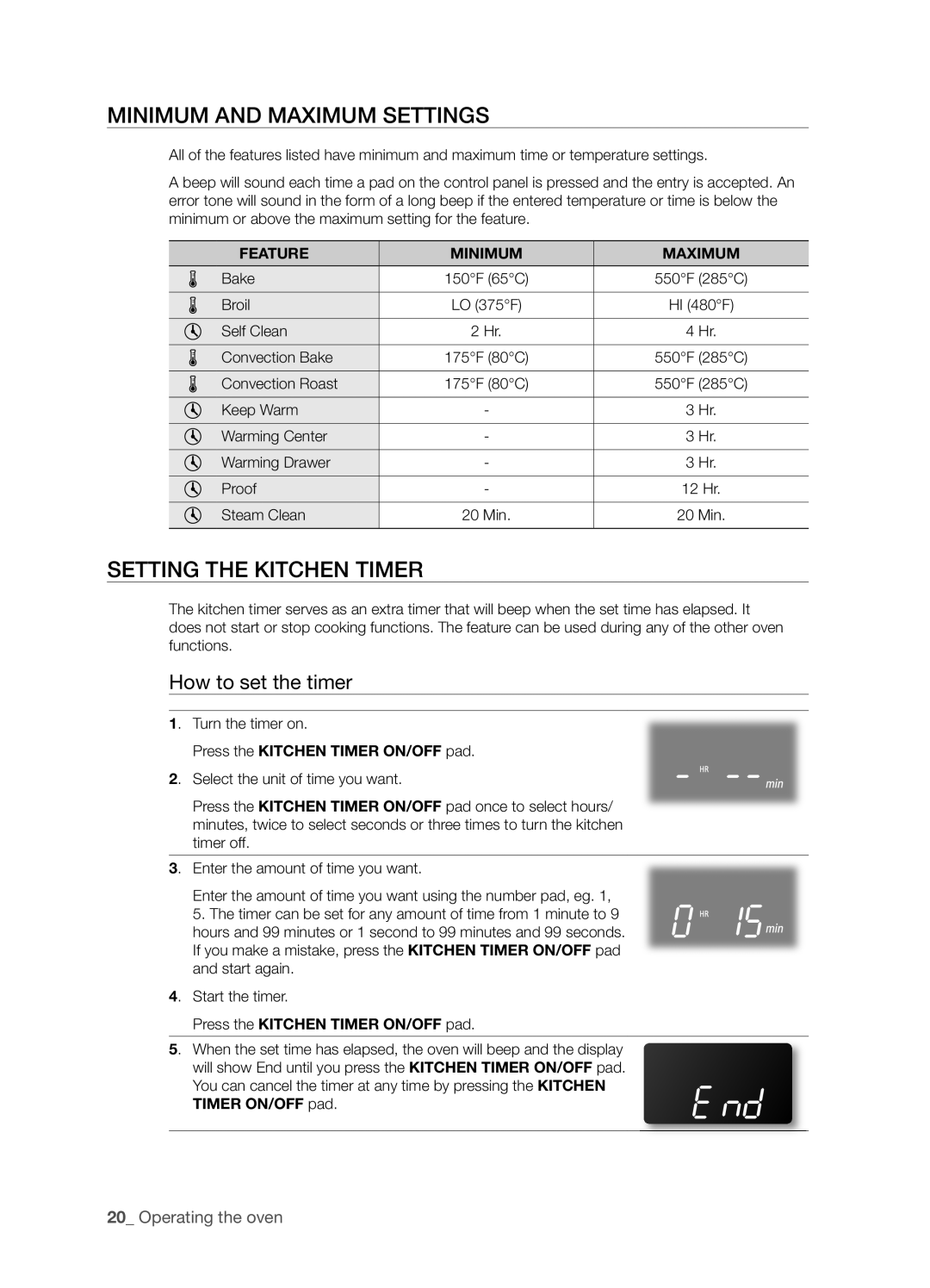 Samsung FTQ352IWUX Minimum and Maximum Settings, Setting the Kitchen Timer, How to set the timer, Feature Minimum Maximum 