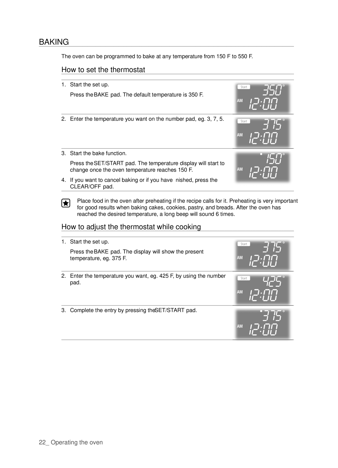 Samsung FTQ352IWUW, FTQ352IWUB, FTQ352IWUX Baking, How to set the thermostat, How to adjust the thermostat while cooking 