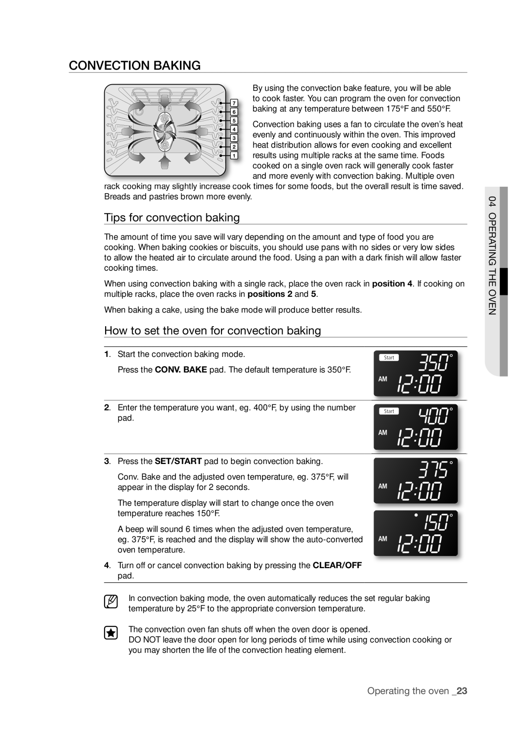 Samsung FTQ352IWUX, FTQ352IWUB Convection Baking, Tips for convection baking, How to set the oven for convection baking 