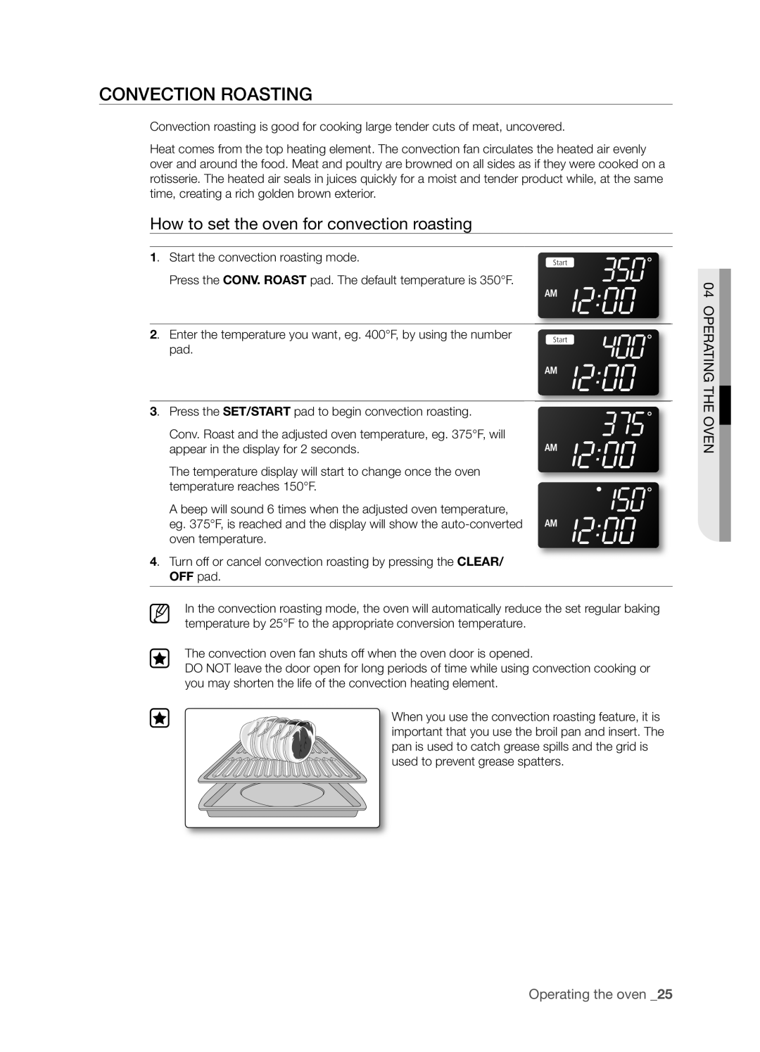 Samsung FTQ352IWUW, FTQ352IWUB, FTQ352IWUX user manual Convection Roasting, How to set the oven for convection roasting 