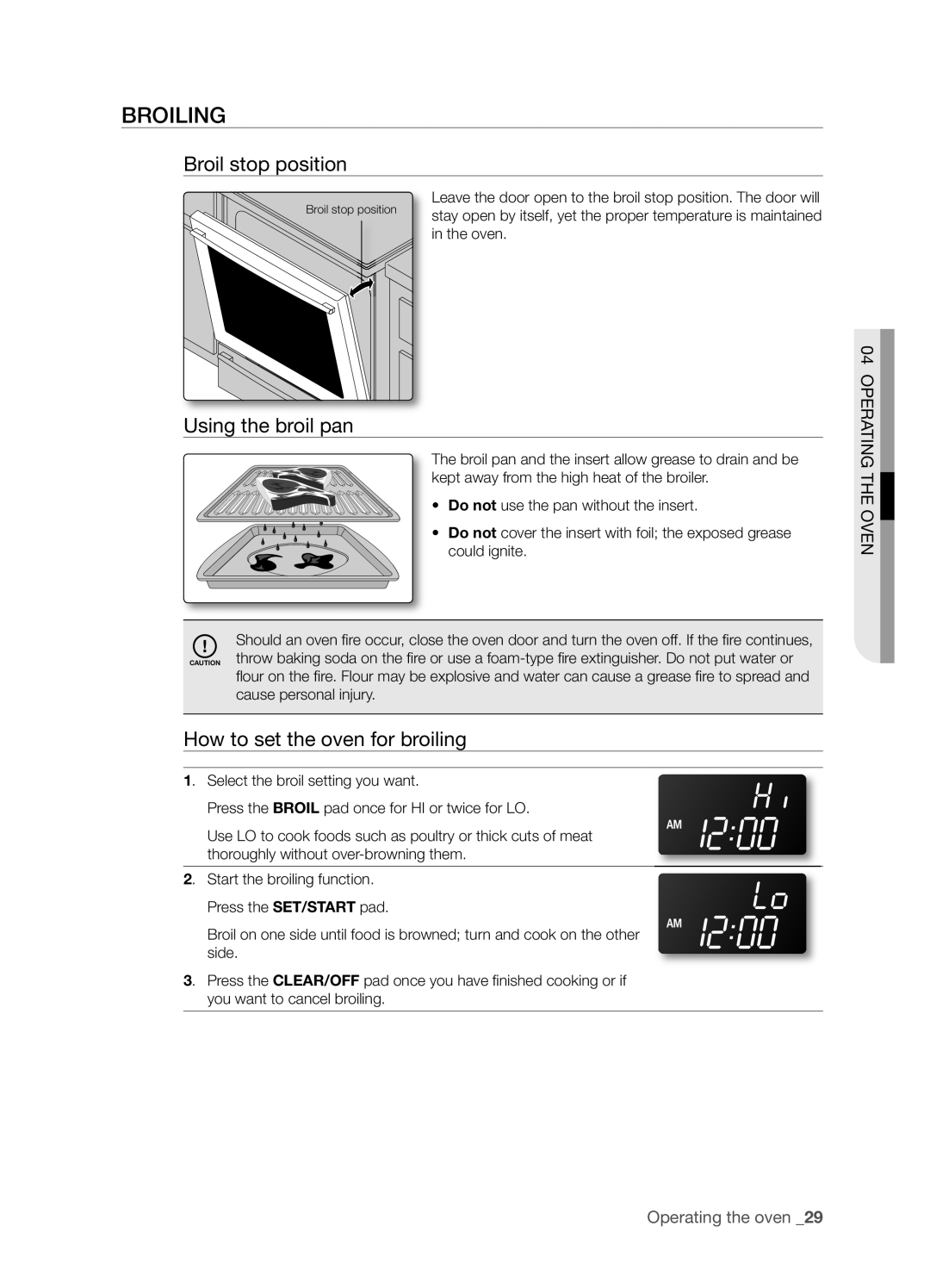 Samsung FTQ352IWUX, FTQ352IWUB Broiling, Broil stop position, Using the broil pan, How to set the oven for broiling 