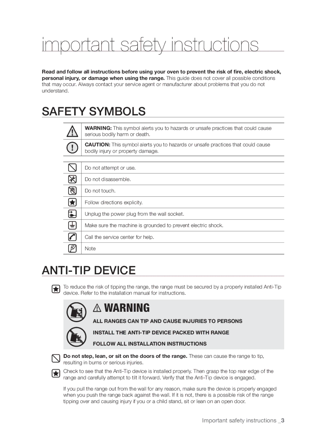 Samsung FTQ352IWUB, FTQ352IWUW, FTQ352IWUX user manual Important safety instructions, Safety Symbols 