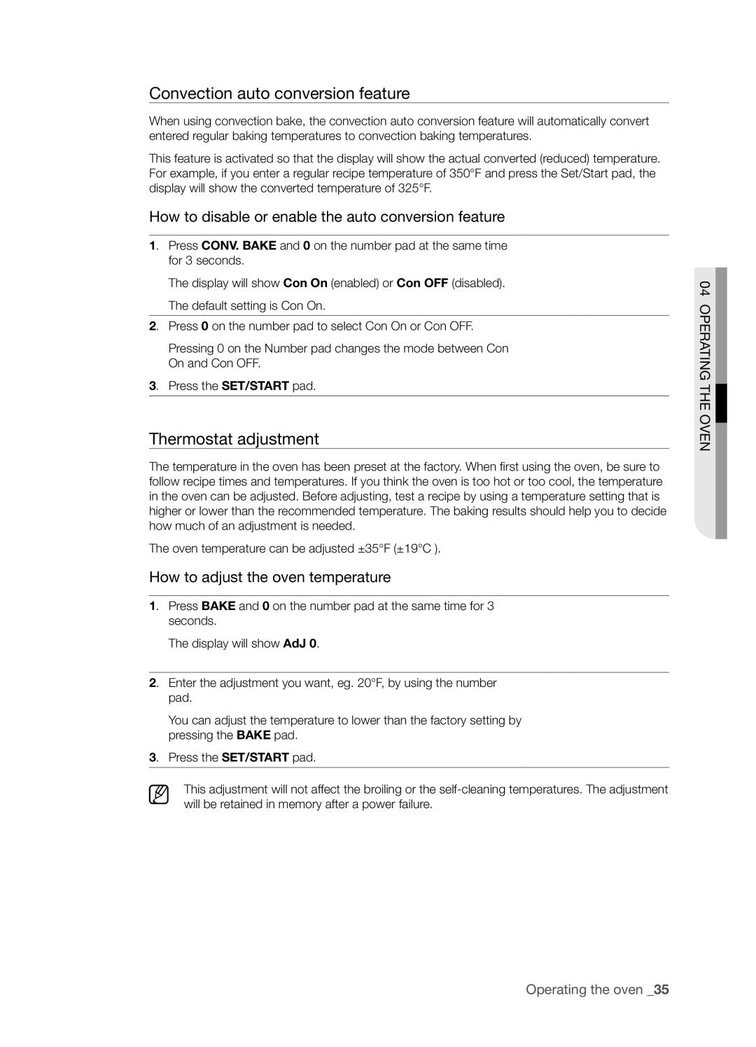 Samsung FTQ352IWUX, FTQ352IWUB, FTQ352IWUW user manual Convection auto conversion feature, Thermostat adjustment 