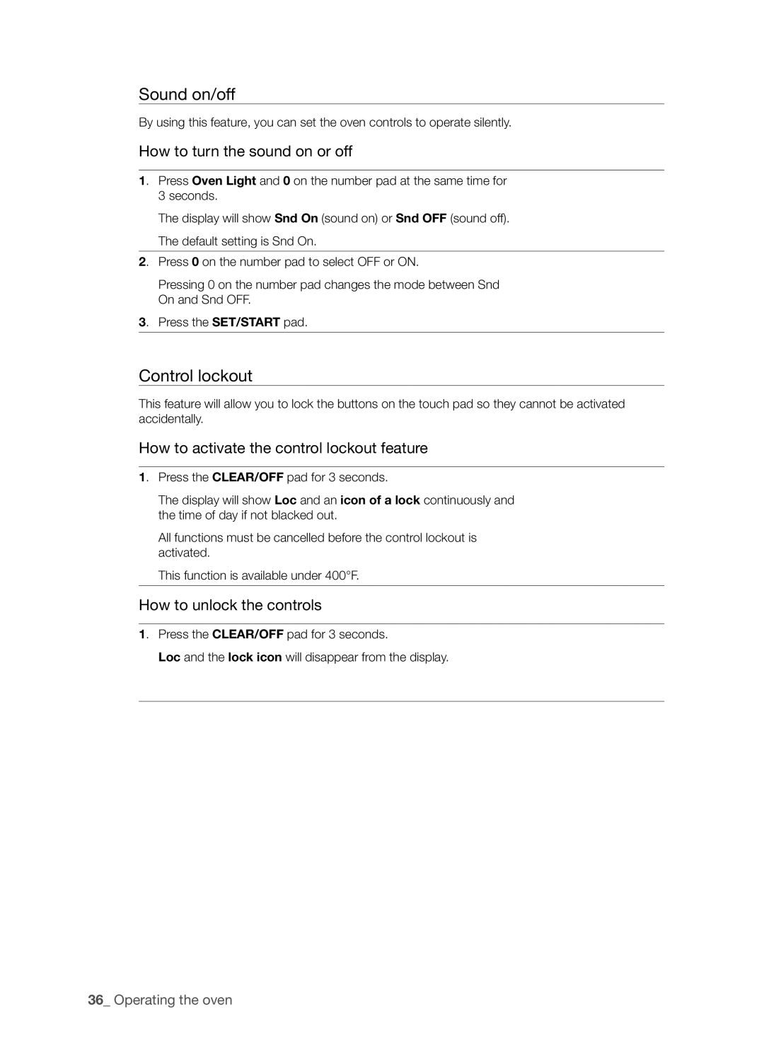 Samsung FTQ352IWUB, FTQ352IWUW, FTQ352IWUX user manual Sound on/off, Control lockout 