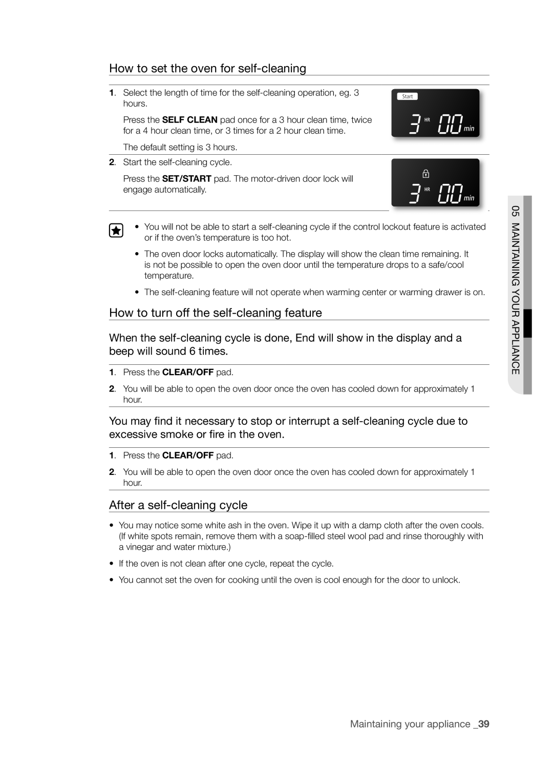 Samsung FTQ352IWUB, FTQ352IWUW, FTQ352IWUX How to set the oven for self-cleaning, How to turn off the self-cleaning feature 