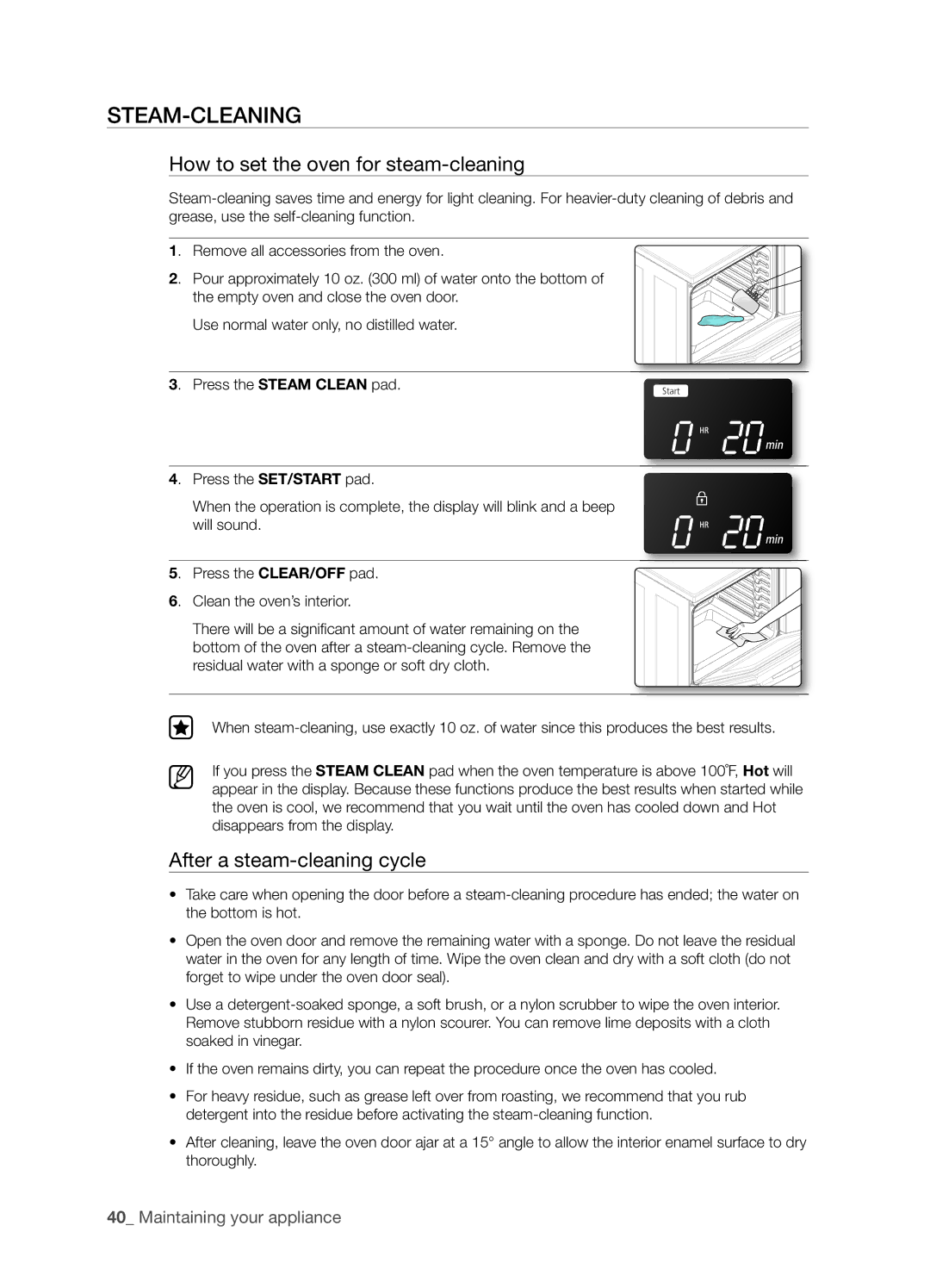 Samsung FTQ352IWUW, FTQ352IWUB Steam-Cleaning, How to set the oven for steam-cleaning, After a steam-cleaning cycle 