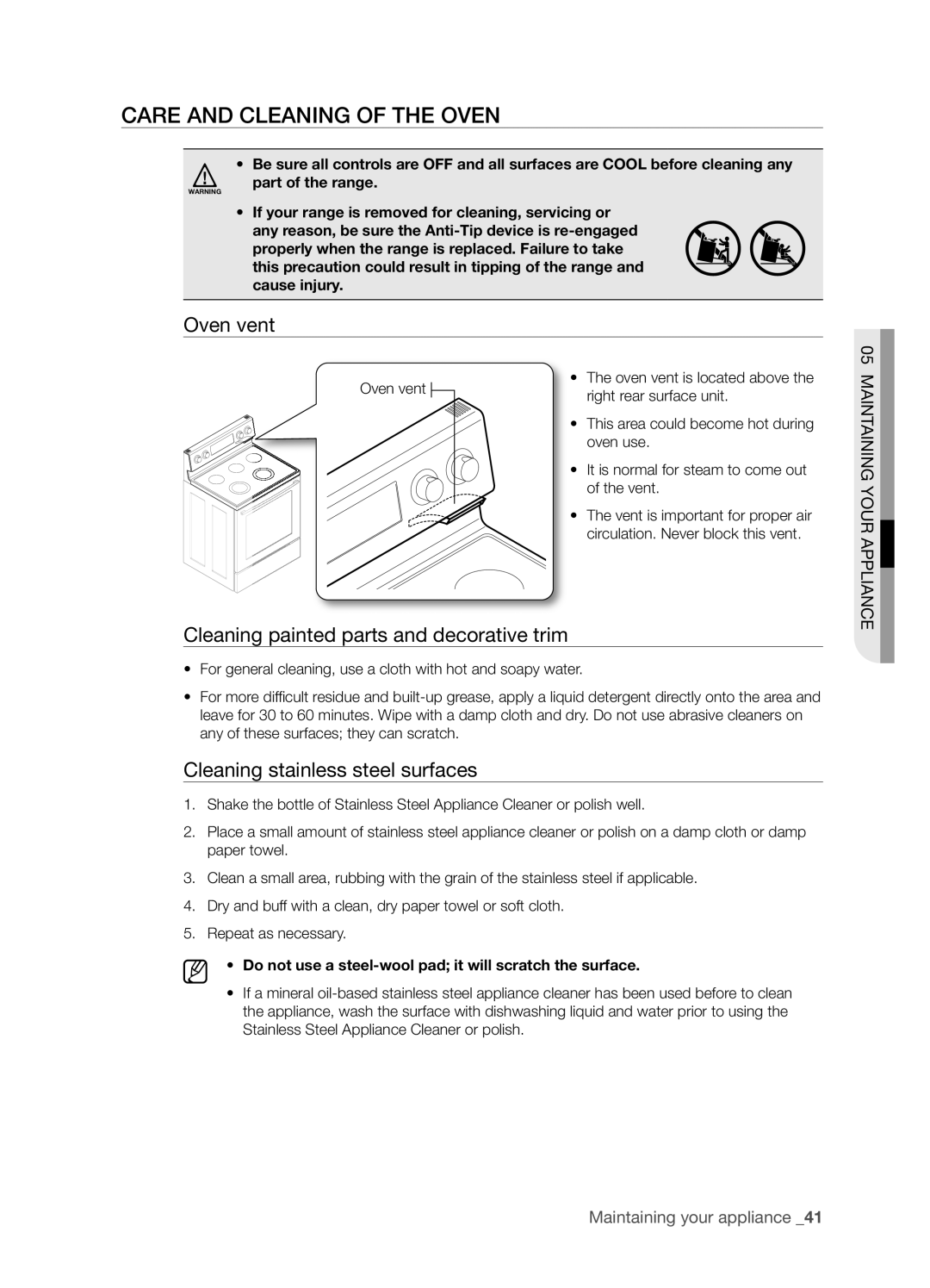 Samsung FTQ352IWUX, FTQ352IWUB Care and Cleaning of the Oven, Oven vent, Cleaning painted parts and decorative trim 