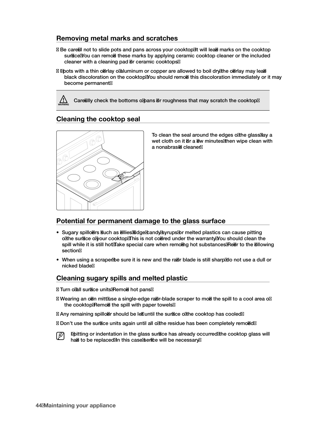 Samsung FTQ352IWUX, FTQ352IWUB, FTQ352IWUW user manual Removing metal marks and scratches, Cleaning the cooktop seal 