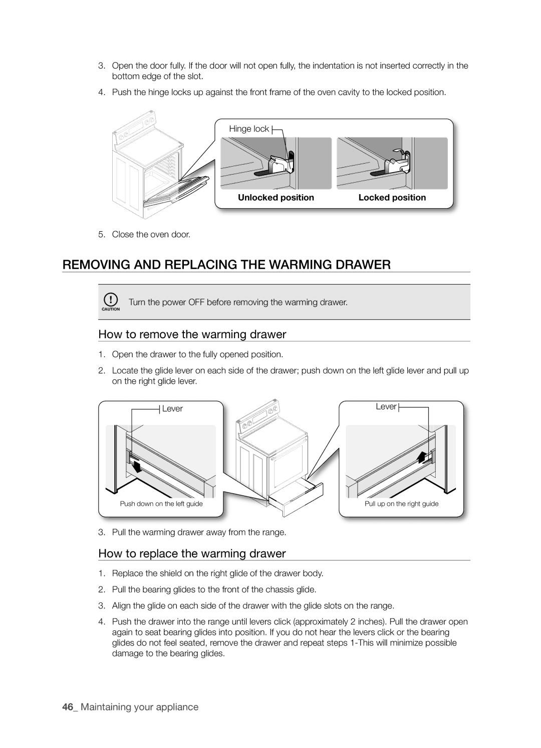 Samsung FTQ352IWUW, FTQ352IWUB, FTQ352IWUX Removing and Replacing the Warming Drawer, How to remove the warming drawer 