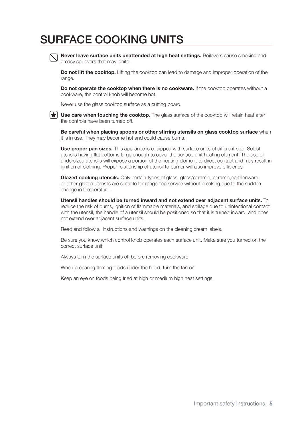 Samsung FTQ352IWUX, FTQ352IWUB, FTQ352IWUW user manual Surface Cooking Units 