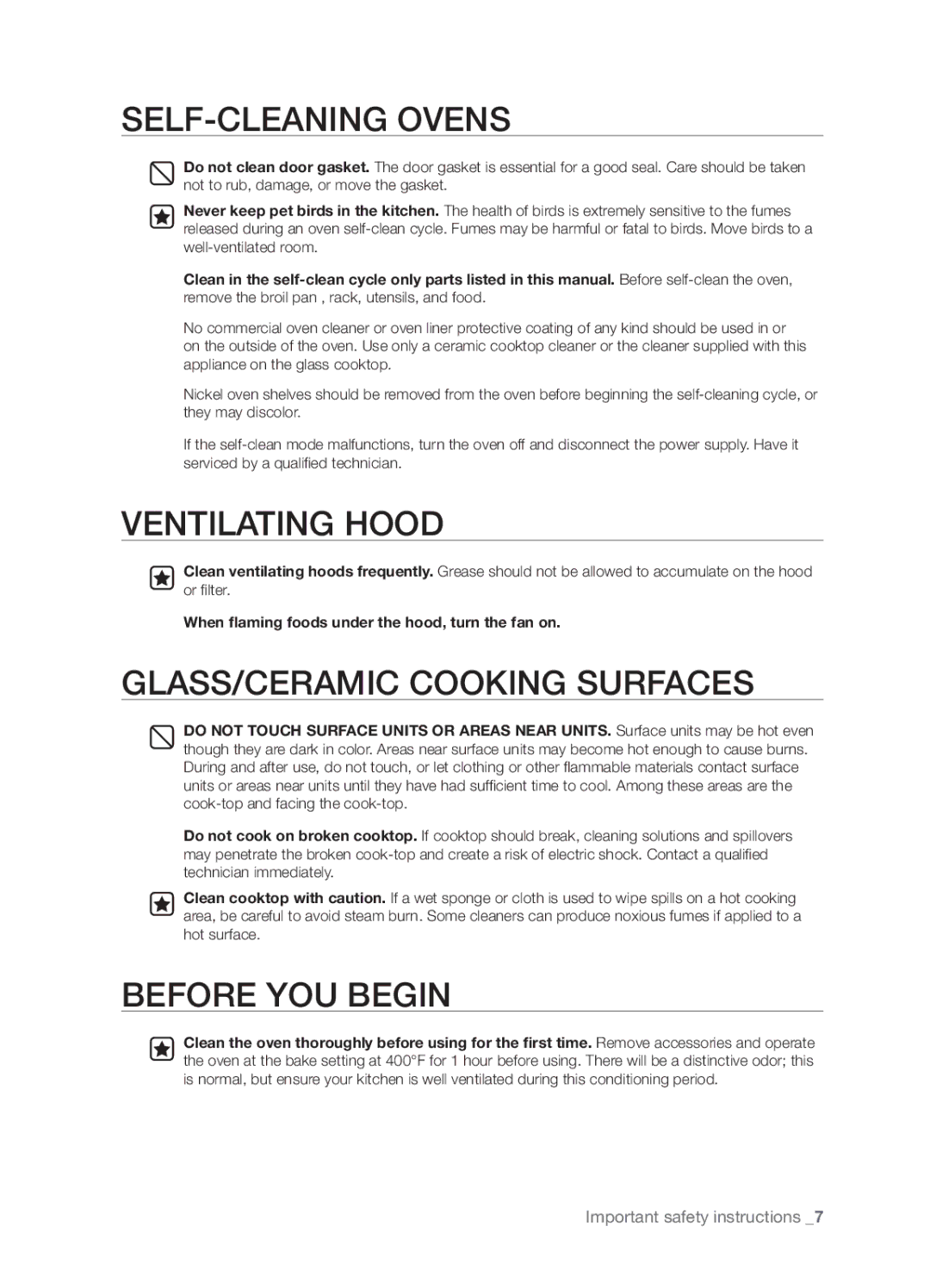 Samsung FTQ352IWUW, FTQ352IWUB, FTQ352IWUX SELF-CLEANING Ovens, When flaming foods under the hood, turn the fan on 