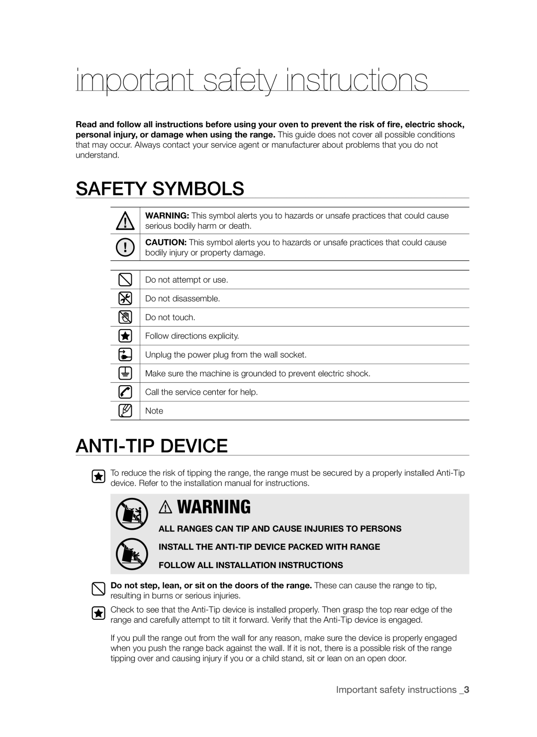 Samsung FTQ352IWUB important safety instructions, Safety Symbols, Anti-Tipdevice, Important safety instructions  