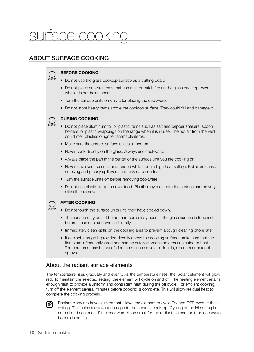 Samsung FTQ352IWUW, FTQ352IWUB, FTQ352IWUX About surface cooking, About the radiant surface elements, Surface cooking 