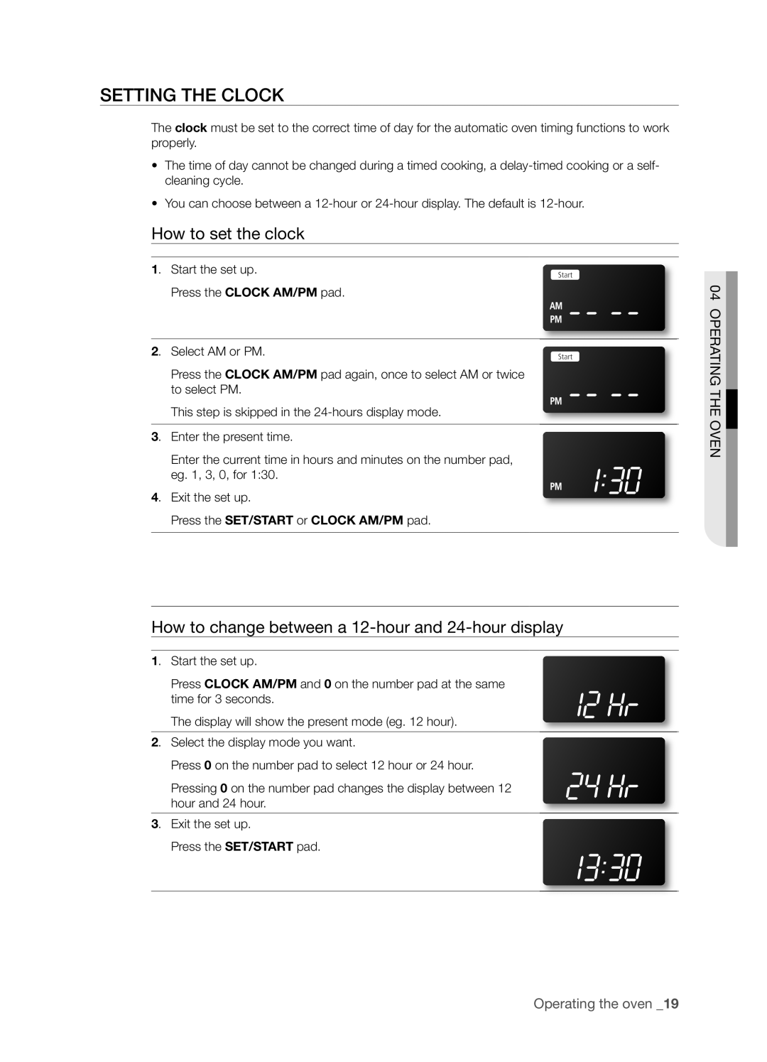 Samsung FTQ352IWUW, FTQ352IWUB Setting The Clock, How to set the clock, How to change between a 12-hourand 24-hourdisplay 