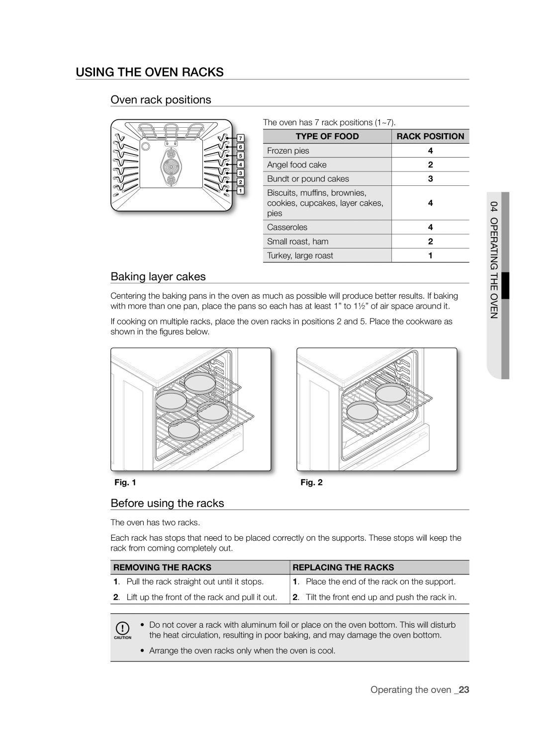 Samsung FTQ352IWUX/ZAM manual Using the Oven Racks, Oven rack positions, Baking layer cakes, Before using the racks 