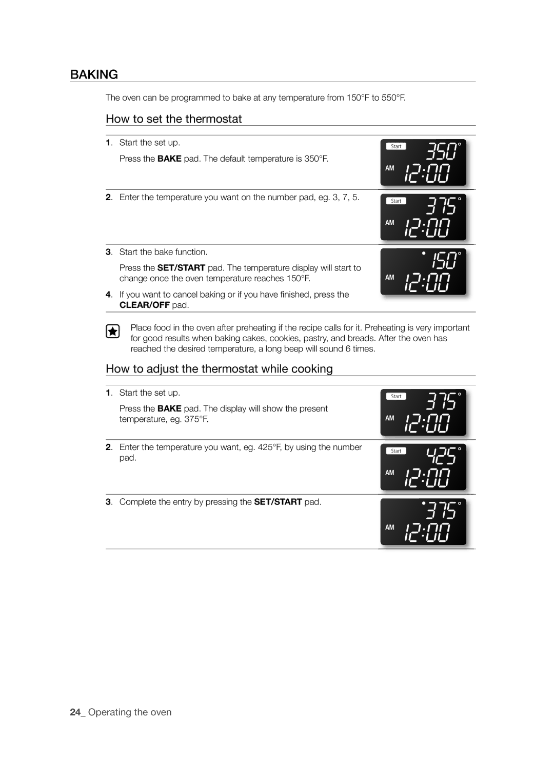 Samsung FTQ352IWUX/ZAM manual Baking, How to set the thermostat, How to adjust the thermostat while cooking 