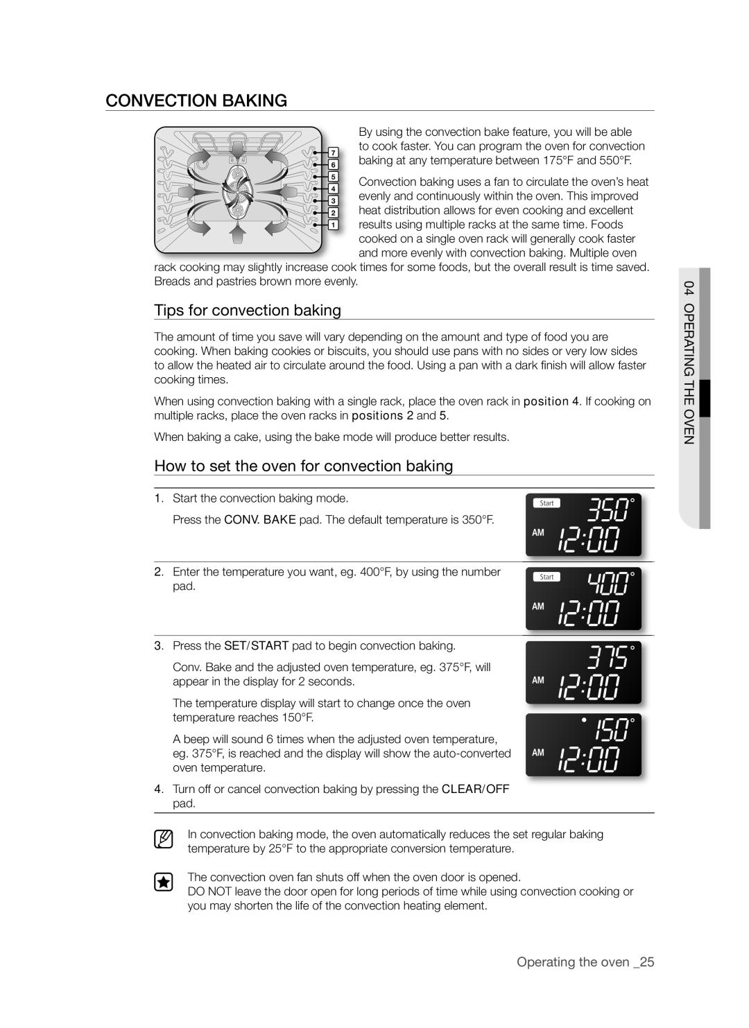 Samsung FTQ352IWUX/ZAM manual Convection Baking, Tips for convection baking, How to set the oven for convection baking 