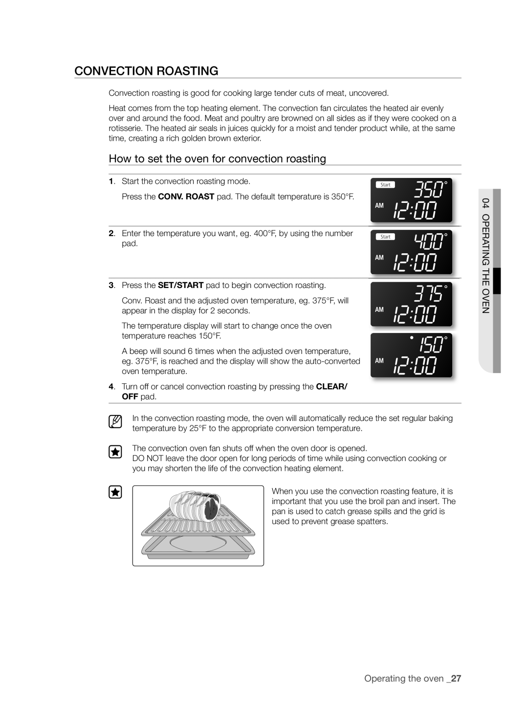 Samsung FTQ352IWUX/ZAM manual Convection Roasting, How to set the oven for convection roasting 