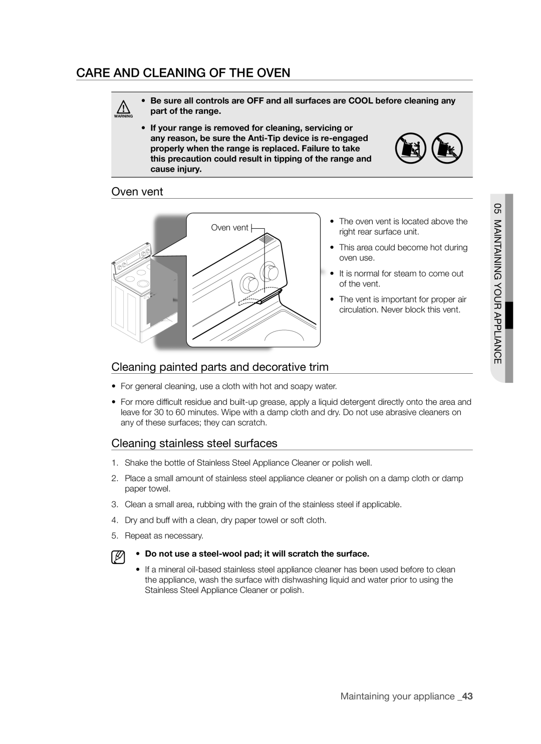 Samsung FTQ352IWUX/ZAM manual Care and Cleaning of the Oven, Oven vent, Cleaning painted parts and decorative trim 