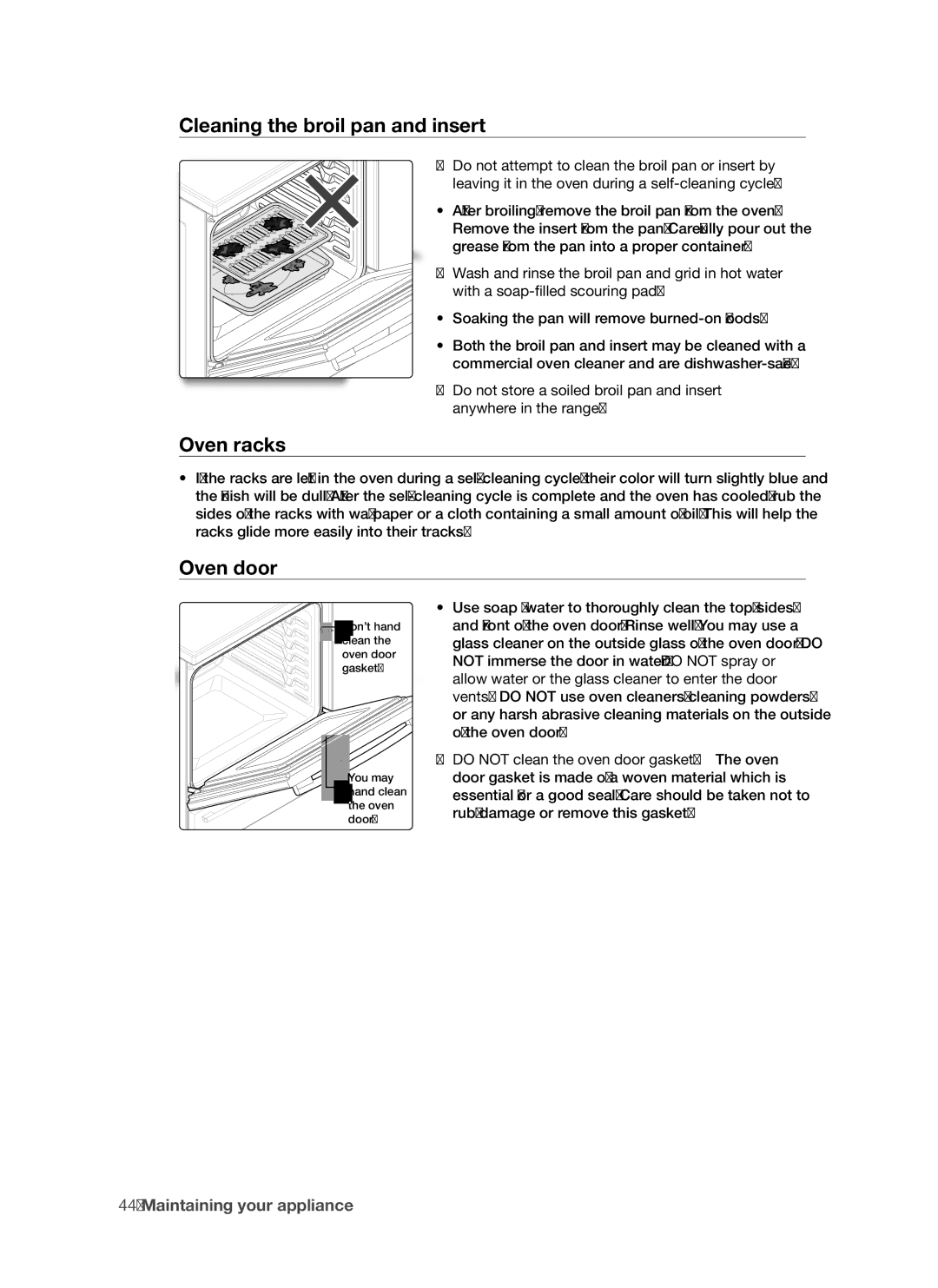 Samsung FTQ352IWUX/ZAM manual Cleaning the broil pan and insert, Oven racks, Oven door 