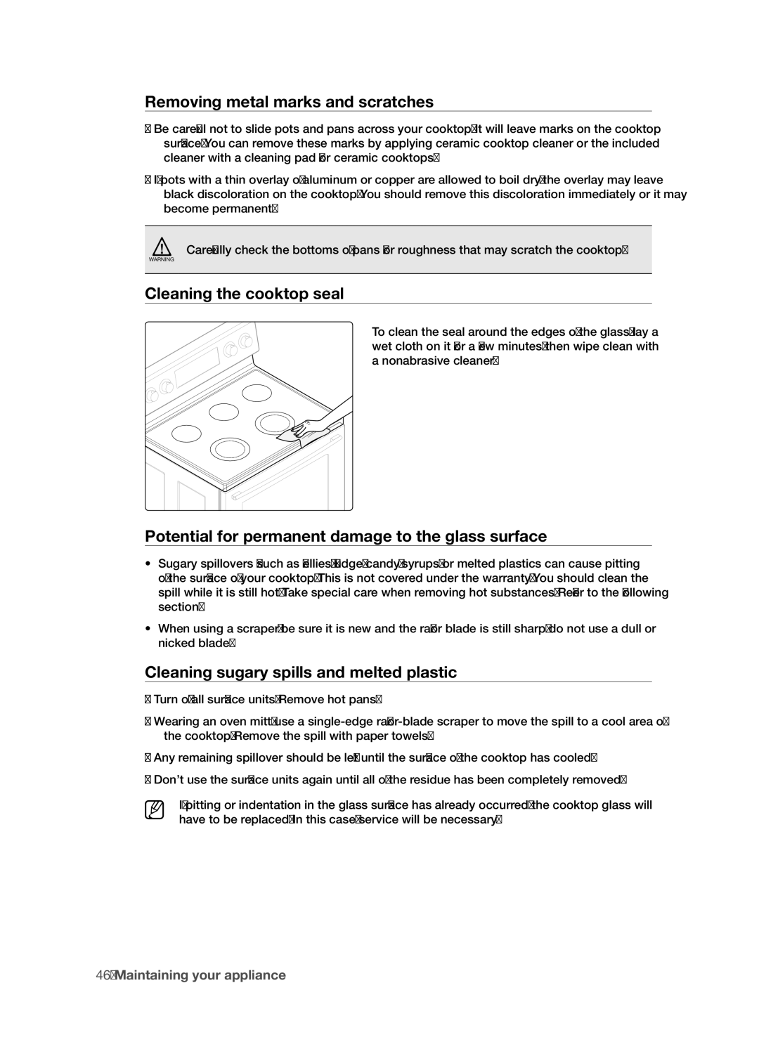 Samsung FTQ352IWUX/ZAM manual Removing metal marks and scratches, Cleaning the cooktop seal 