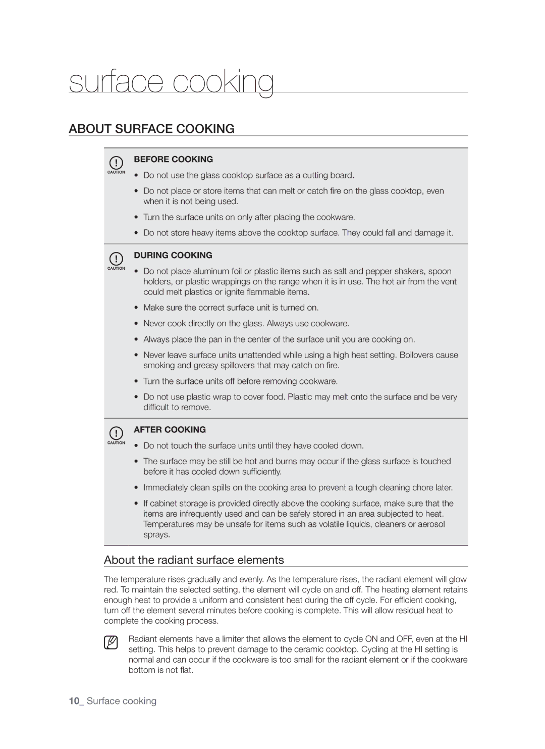 Samsung FTQ352IWW Surface cooking, About the radiant surface elements, Before Cooking, During Cooking, After Cooking 