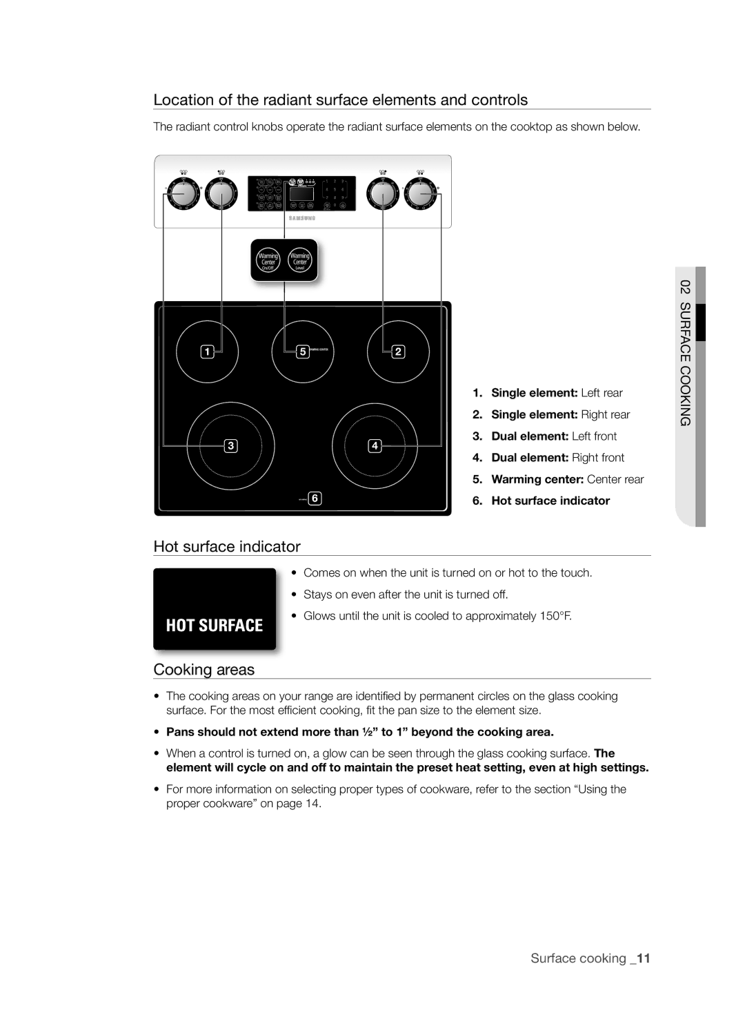 Samsung FTQ352IWB, FTQ352IWW Location of the radiant surface elements and controls, Hot surface indicator, Cooking areas 