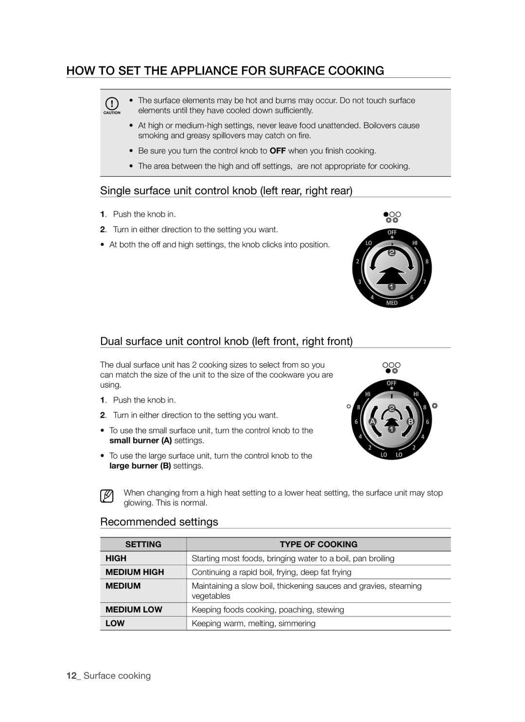 Samsung FTQ352IWW, FTQ352IWB user manual Single surface unit control knob left rear, right rear, Recommended settings 