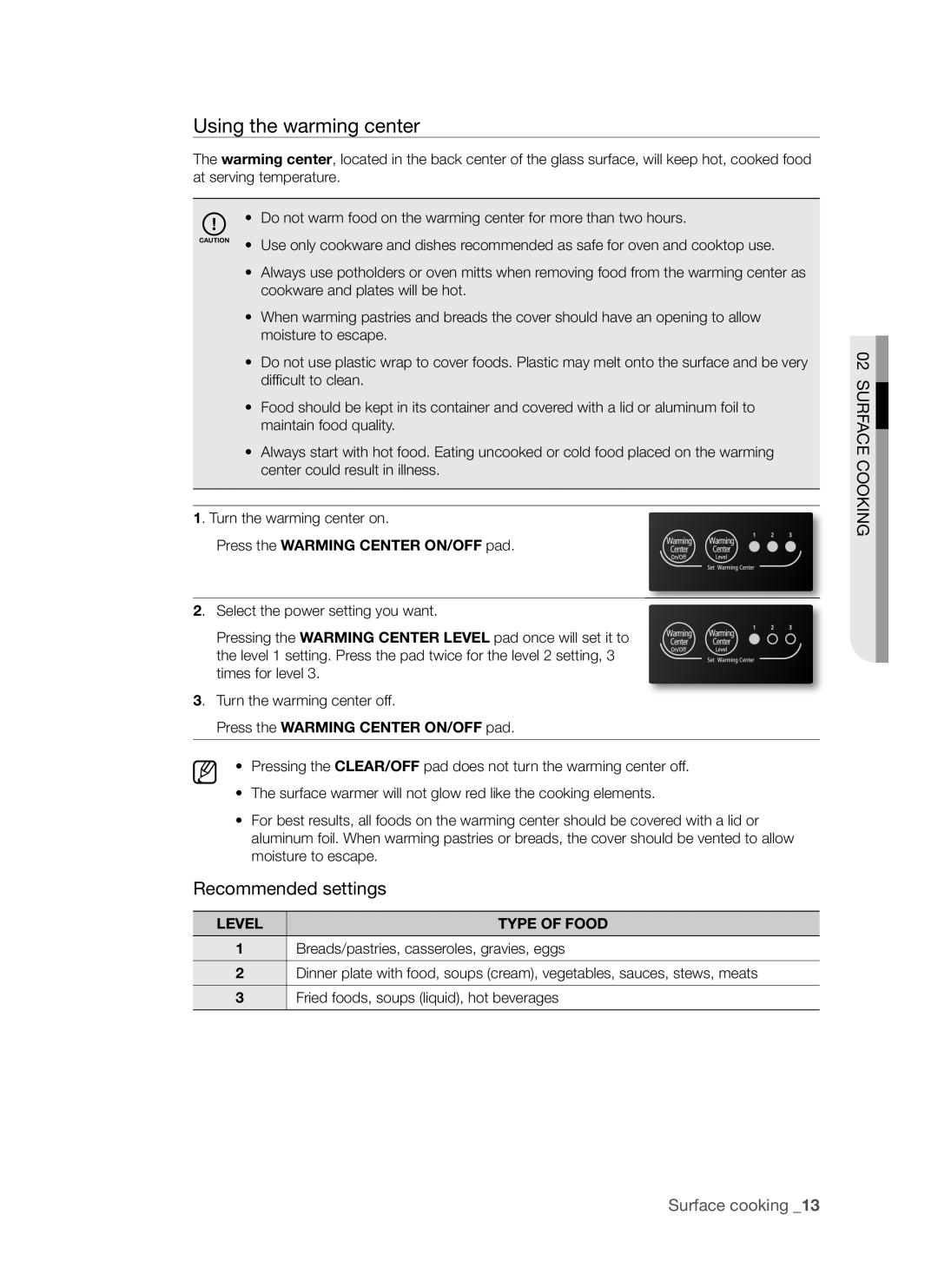 Samsung FTQ352IWB, FTQ352IWW user manual Using the warming center, Press the Warming Center ON/OFF pad, Level, TyPE of Food 