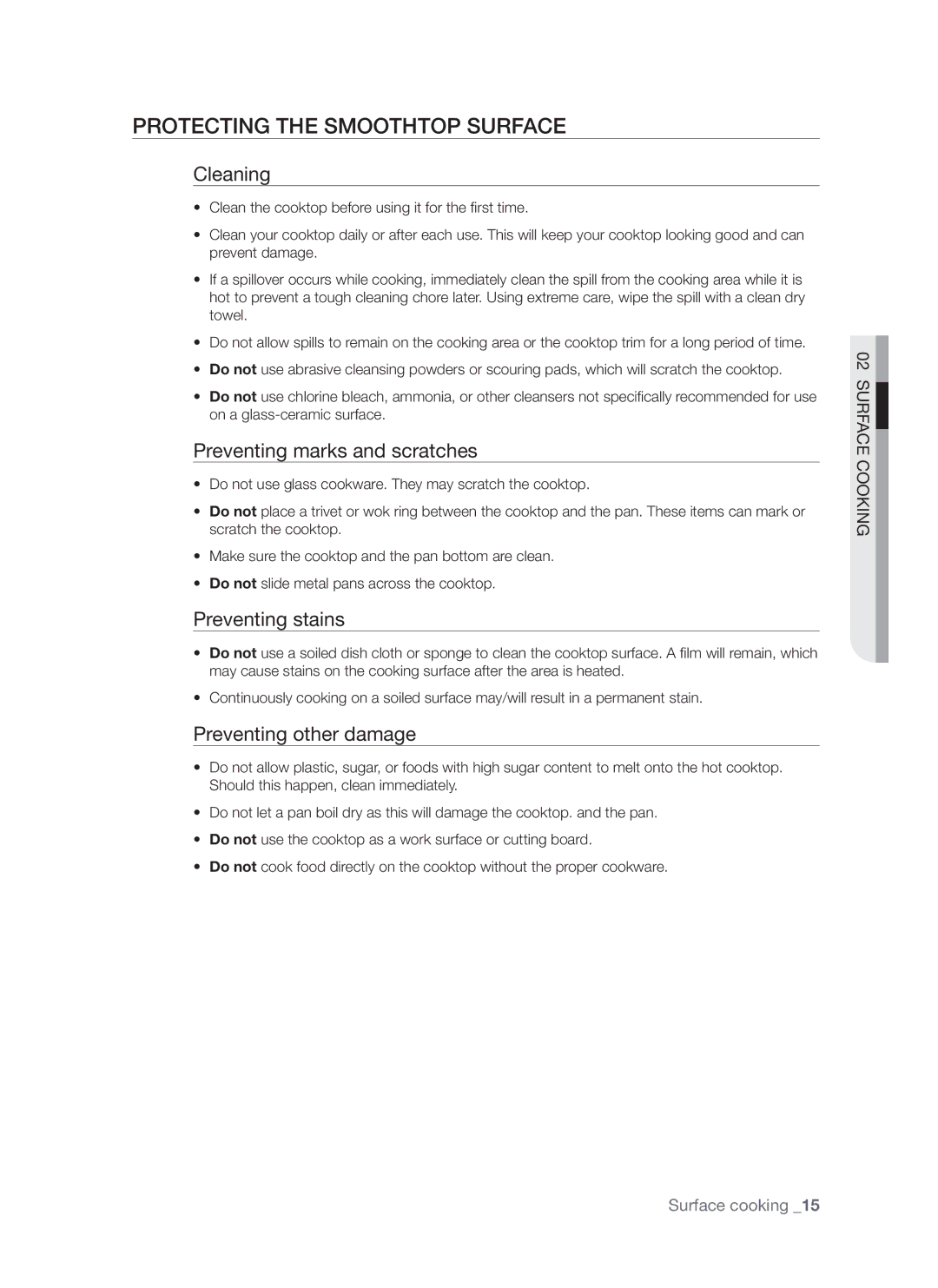 Samsung FTQ352IWB, FTQ352IWW Cleaning, Preventing marks and scratches, Preventing stains, Preventing other damage 