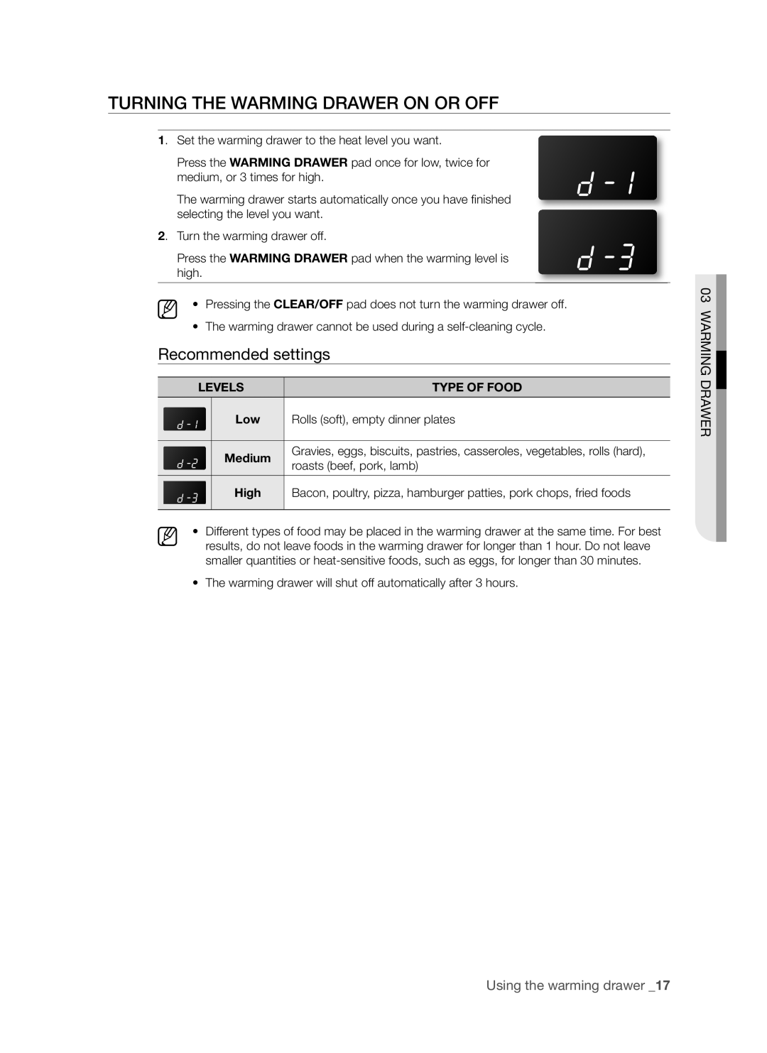 Samsung FTQ352IWB, FTQ352IWW user manual Turning the Warming Drawer on or OFF, Levels, Low Medium High TyPE of Food 