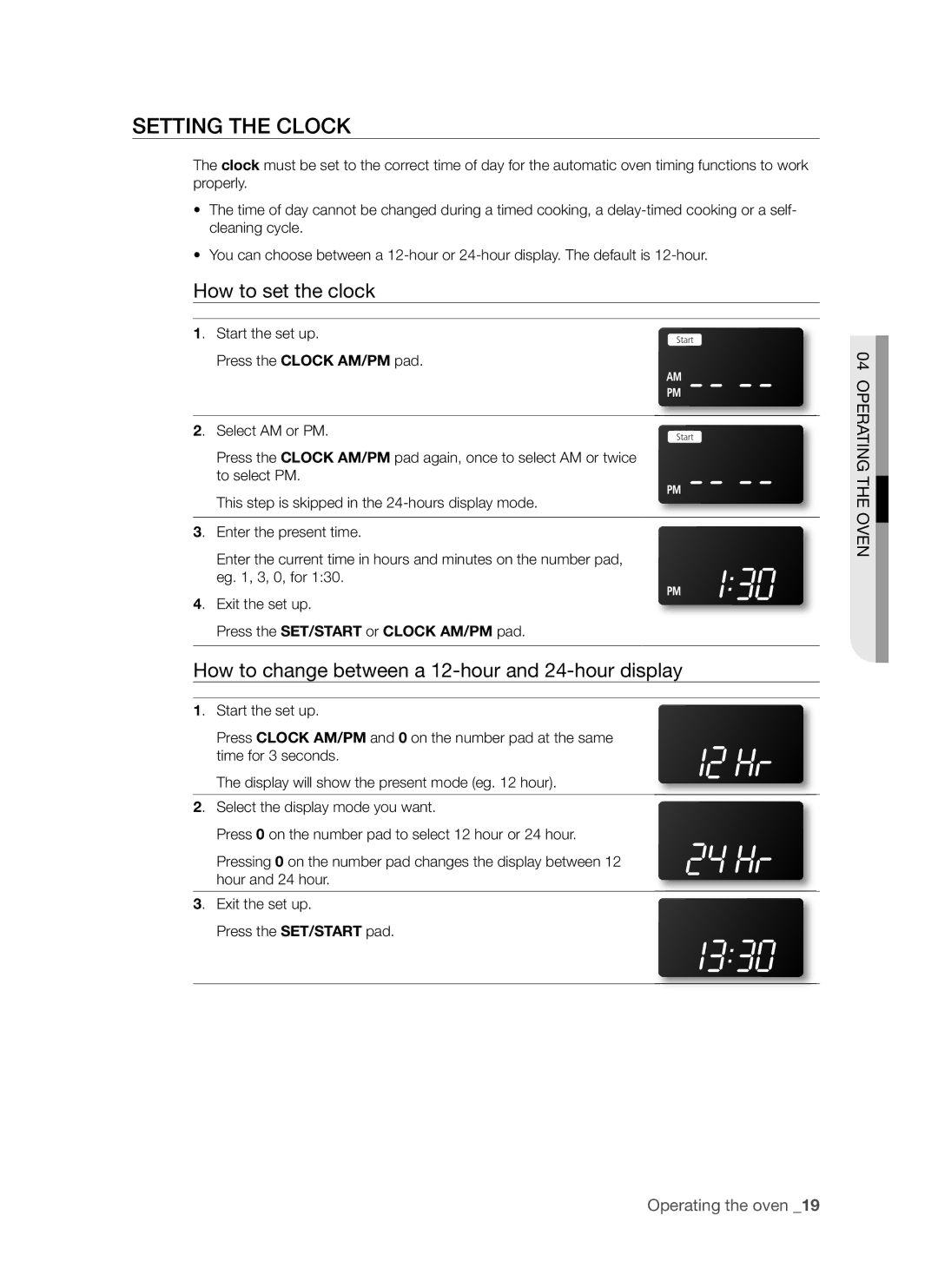 Samsung FTQ352IWB, FTQ352IWW Setting the Clock, How to set the clock, How to change between a 12-hour and 24-hour display 