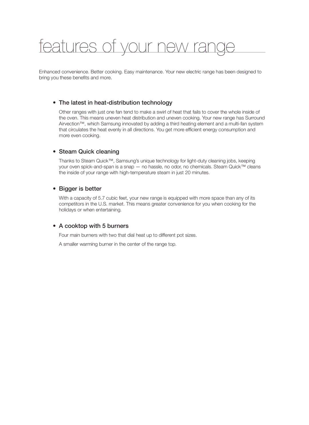 Samsung FTQ352IWW, FTQ352IWB user manual Features of your new range, Latest in heat-distribution technology 