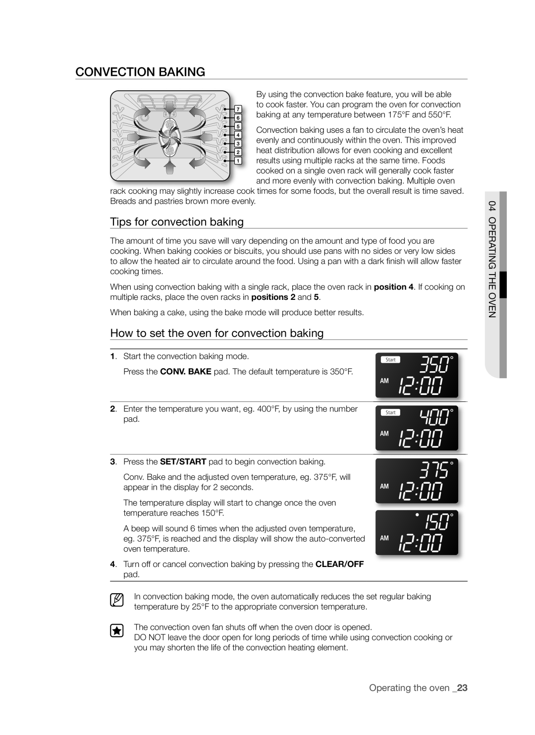 Samsung FTQ352IWB, FTQ352IWW Convection Baking, Tips for convection baking, How to set the oven for convection baking 