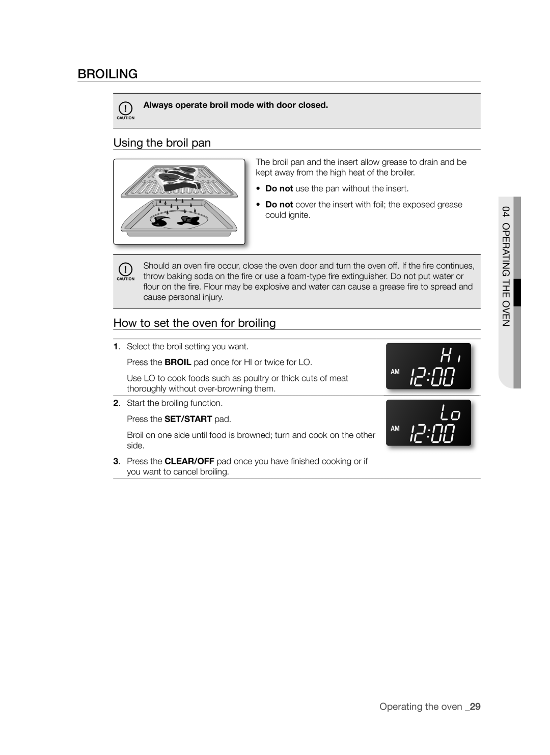 Samsung FTQ352IWB, FTQ352IWW user manual Broiling, Using the broil pan, How to set the oven for broiling 