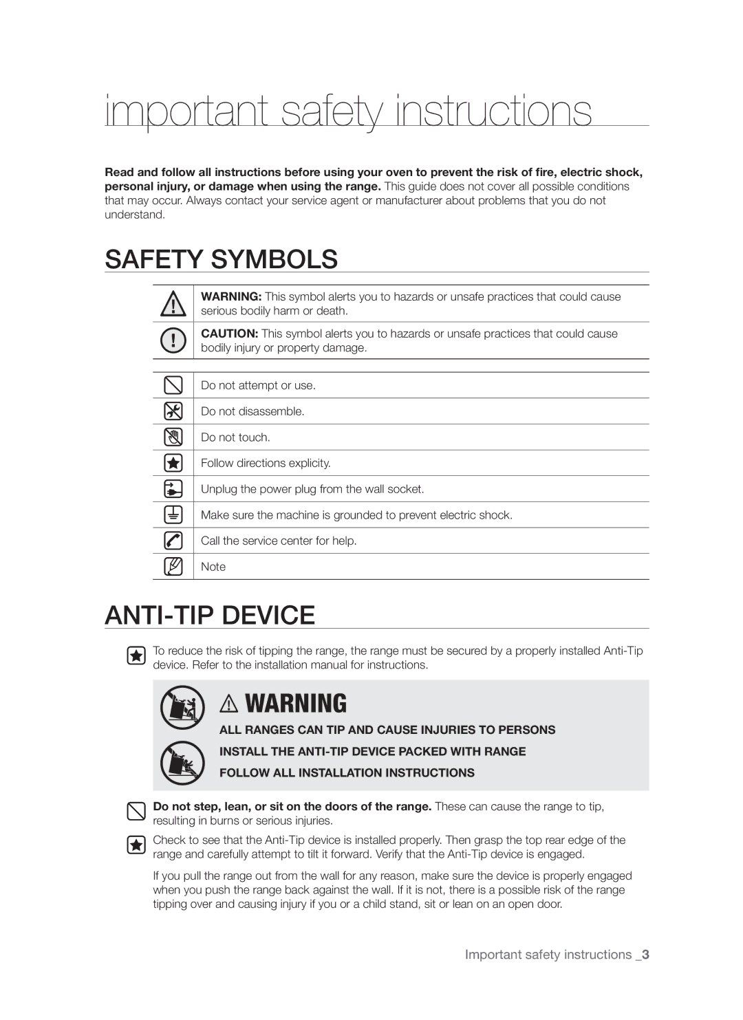 Samsung FTQ352IWB, FTQ352IWW user manual Important safety instructions, Safety Symbols 