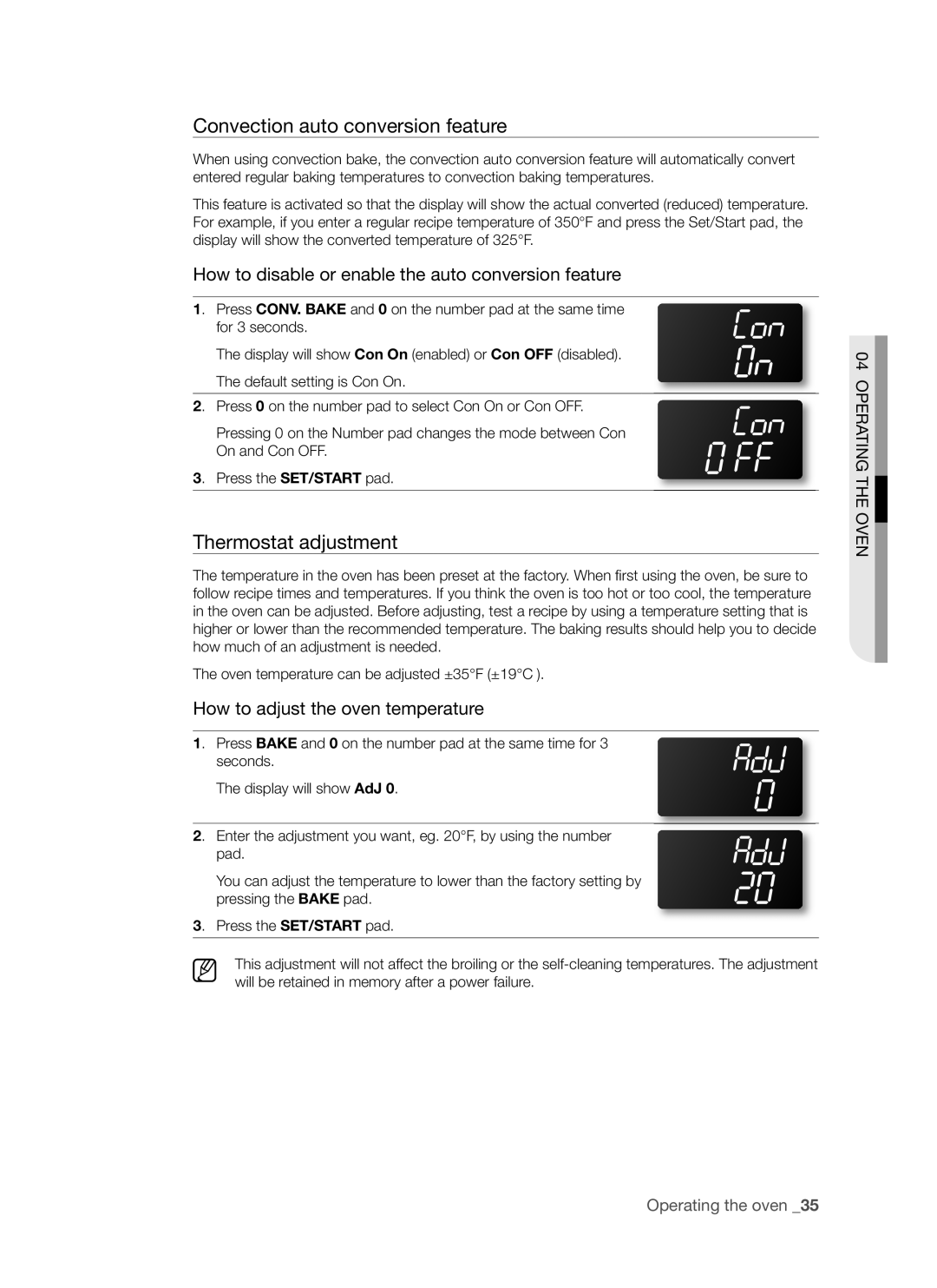 Samsung FTQ352IWB, FTQ352IWW user manual Convection auto conversion feature, Thermostat adjustment 