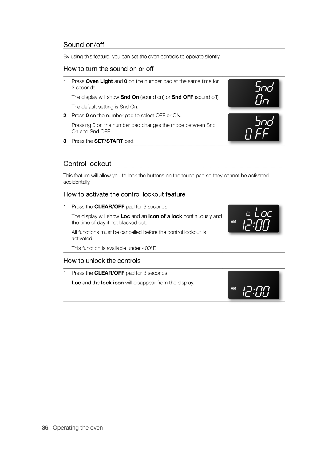 Samsung FTQ352IWW, FTQ352IWB user manual Sound on/off, Control lockout 