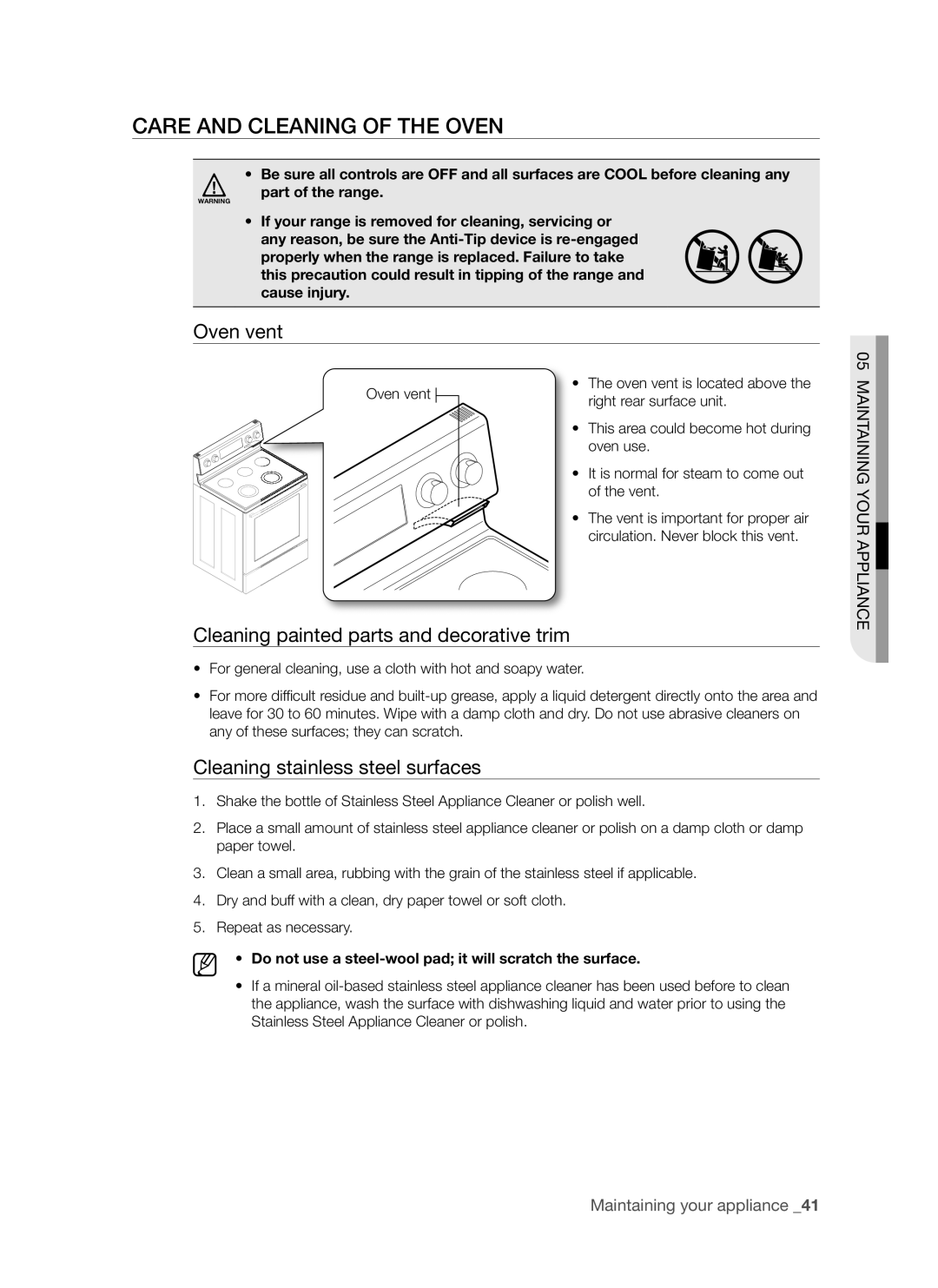 Samsung FTQ352IWB, FTQ352IWW Care and Cleaning of the Oven, Oven vent, Cleaning painted parts and decorative trim 