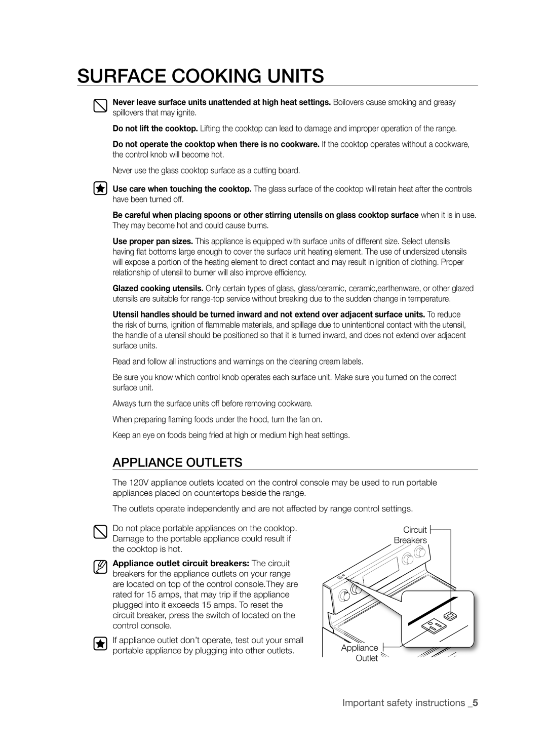 Samsung FTQ352IWB, FTQ352IWW user manual Surface Cooking Units, Appliance Outlets 