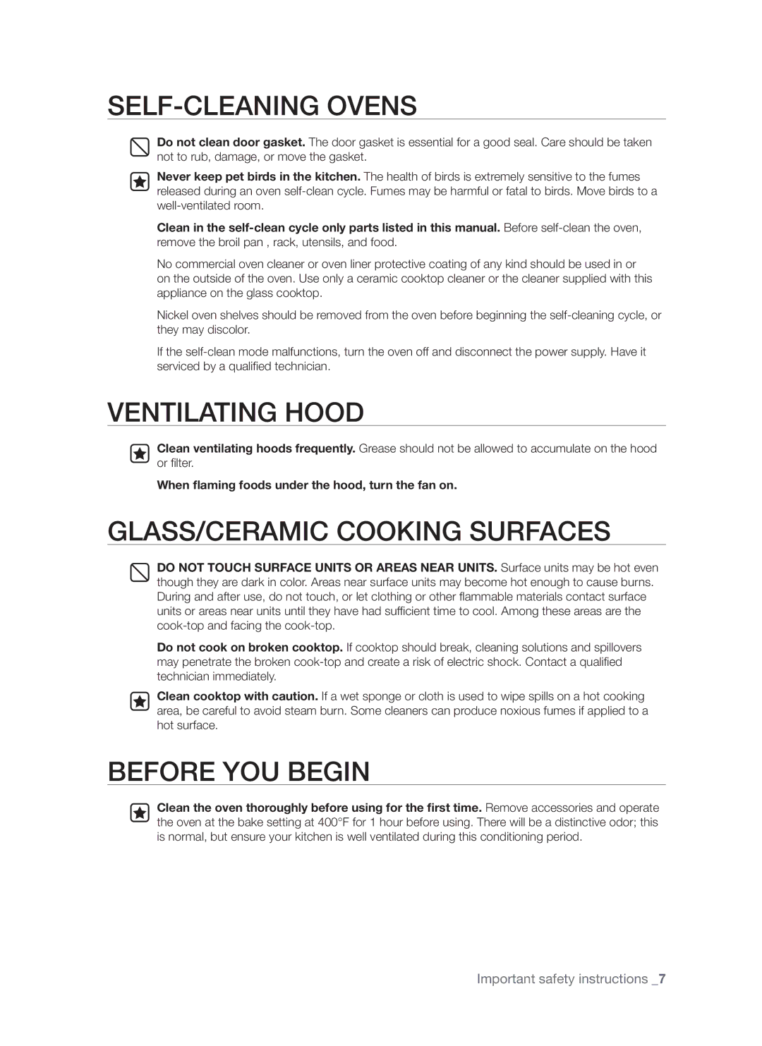 Samsung FTQ352IWB, FTQ352IWW user manual SELF-CLEANING Ovens, When flaming foods under the hood, turn the fan on 