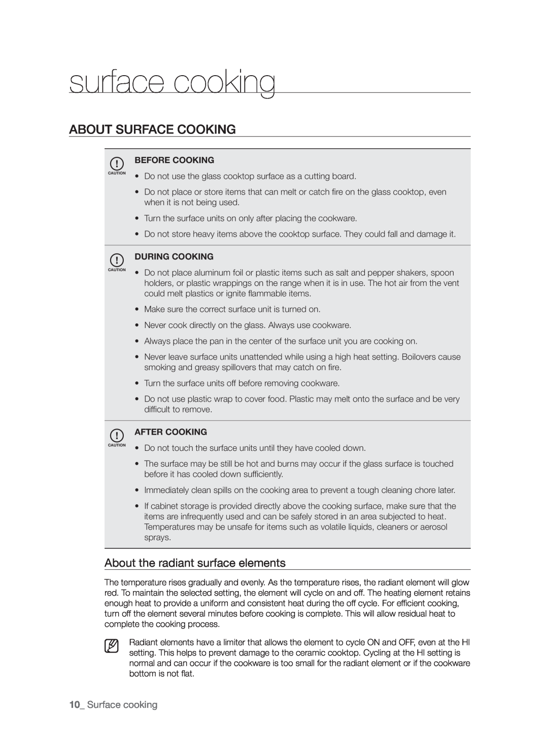 Samsung FTQ352IWW, FTQ352IWB user manual About surface cooking, About the radiant surface elements, 10_ Surface cooking 