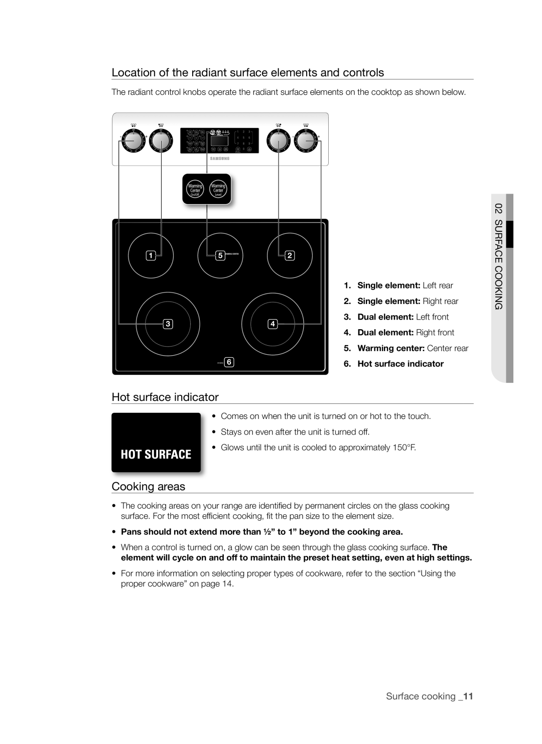 Samsung FTQ352IWB, FTQ352IWW user manual Hot surface indicator, Cooking areas, Surface Cooking, Surface cooking _11 