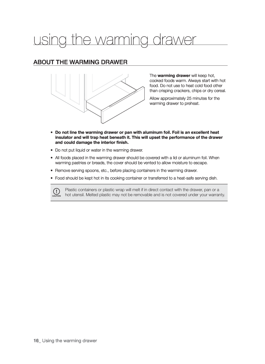Samsung FTQ352IWW, FTQ352IWB user manual using the warming drawer, About the warming drawer, 16_ Using the warming drawer 