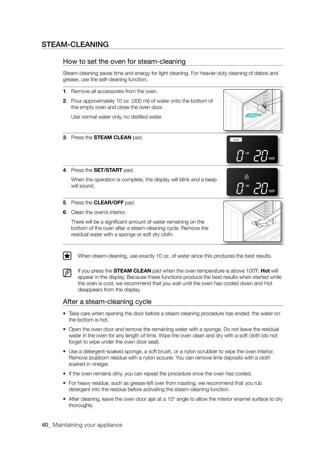 Samsung FTQ352IWW, FTQ352IWB user manual Steam-Cleaning, How to set the oven for steam-cleaning, After a steam-cleaningcycle 